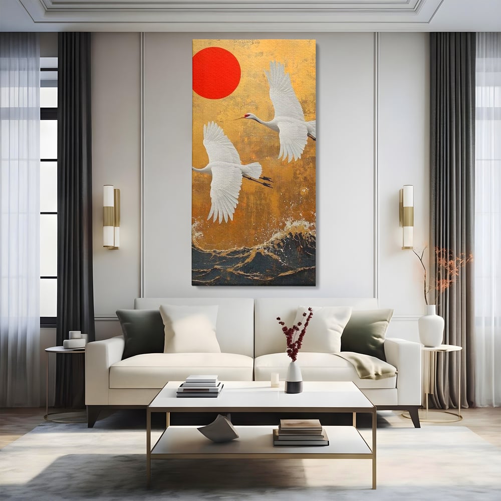 Tablou canvas cu tablou canvas cu doi cocori, fara rama, pe sasiu de lemn, pe perete intr-un living